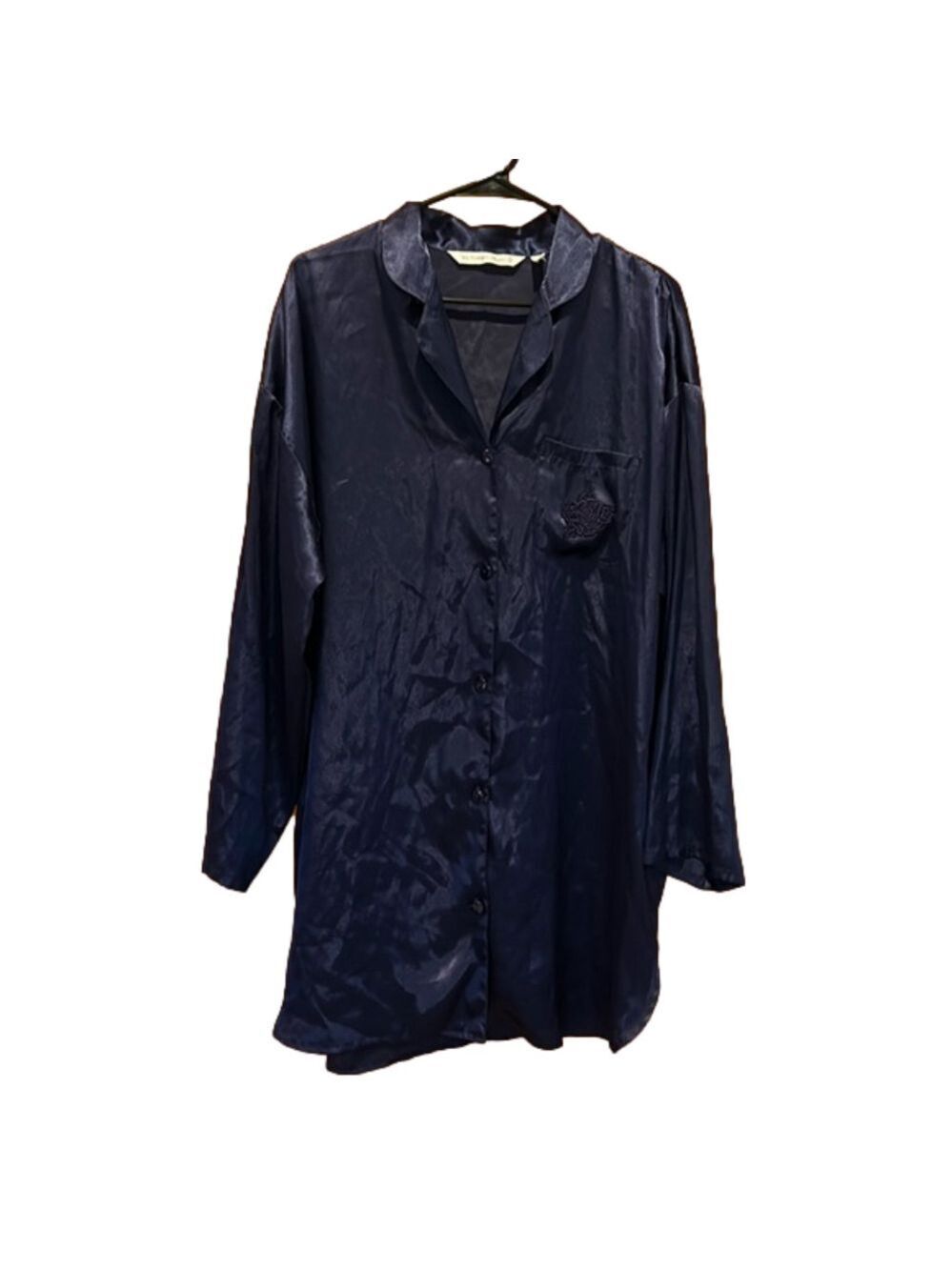 Victoria's Secret Navy Blue Long Sleeve Button Up Velvet Robe with Floral Patch